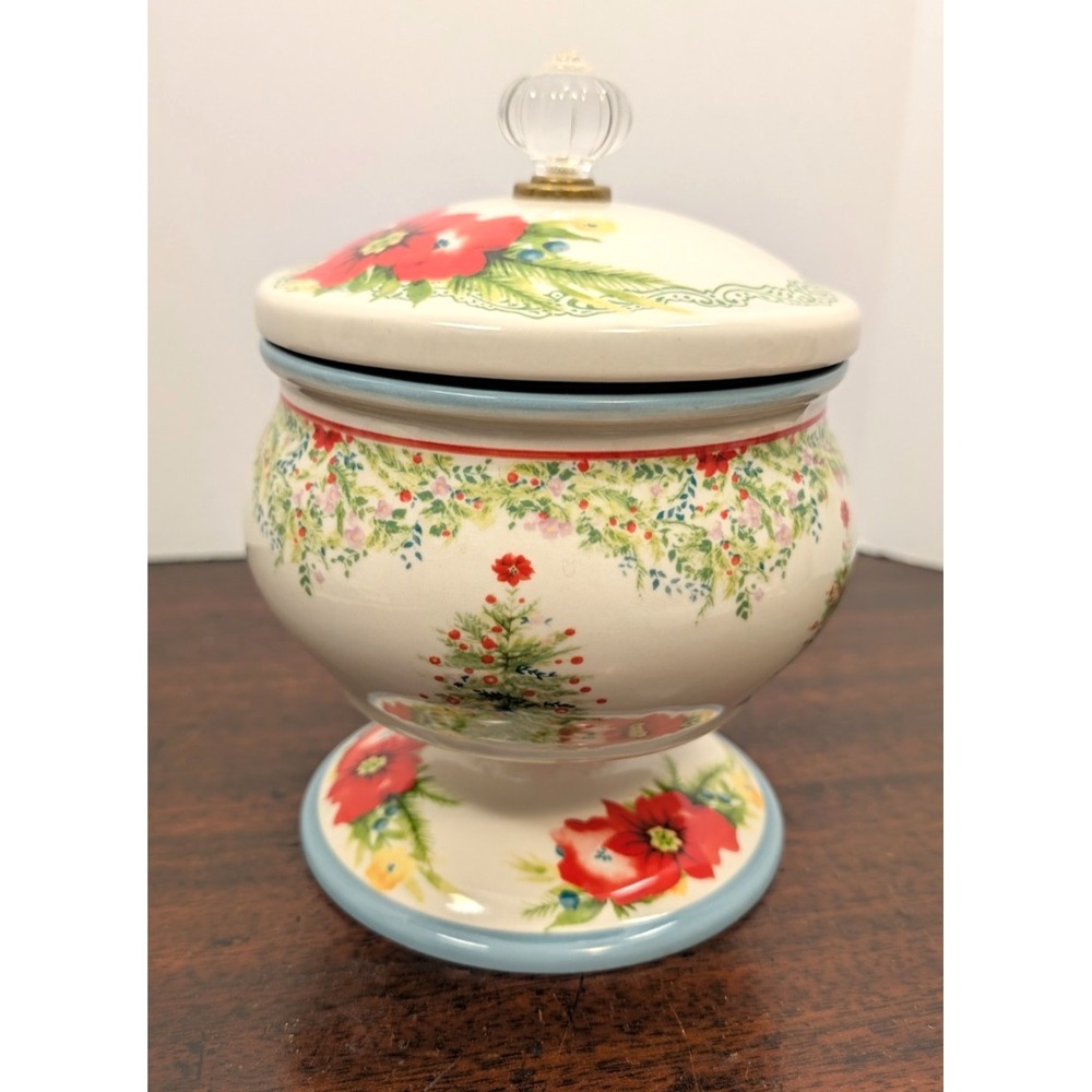 Pioneer Woman Holiday Cheer Pedestal Candy Dish Red Poinsettias 117932.01